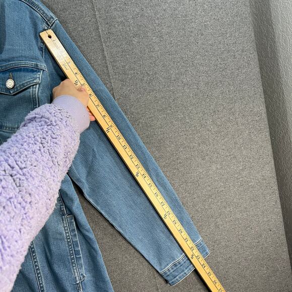 Susan Graver High Stretch Denim Long Jean Jacket Bleached Denim Large Petite - Picture 5 of 11